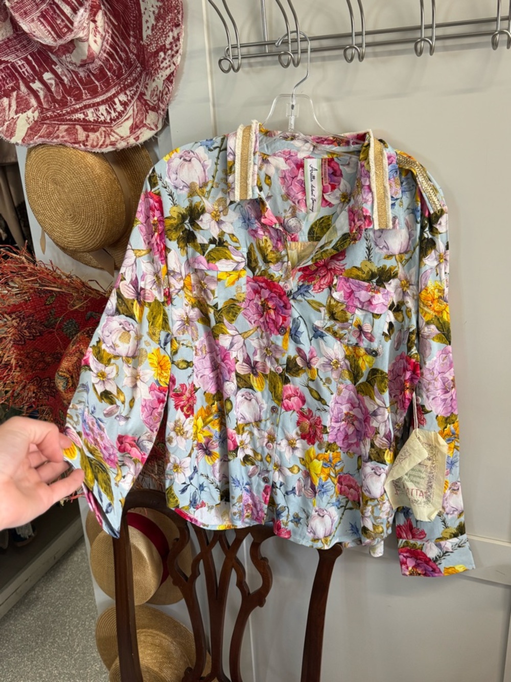 ARATTA Floral Button-Up Blouse - Pastel Blue with Pink & Yellow Flowers